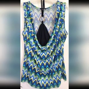 Retro 14W Stretchy Tank top with zigzag design and mock black cami.